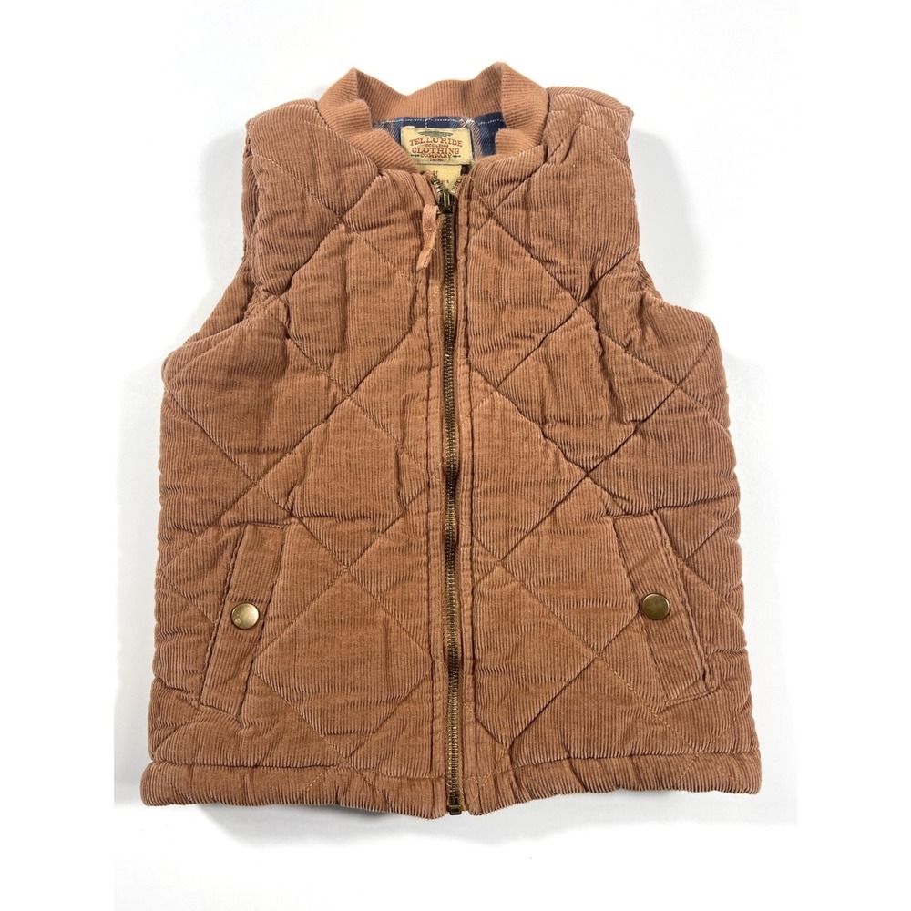 Telluride Clothing 3T Kids Brown Corduroy Quilted Vest Full Zip Plaid Lined EUC